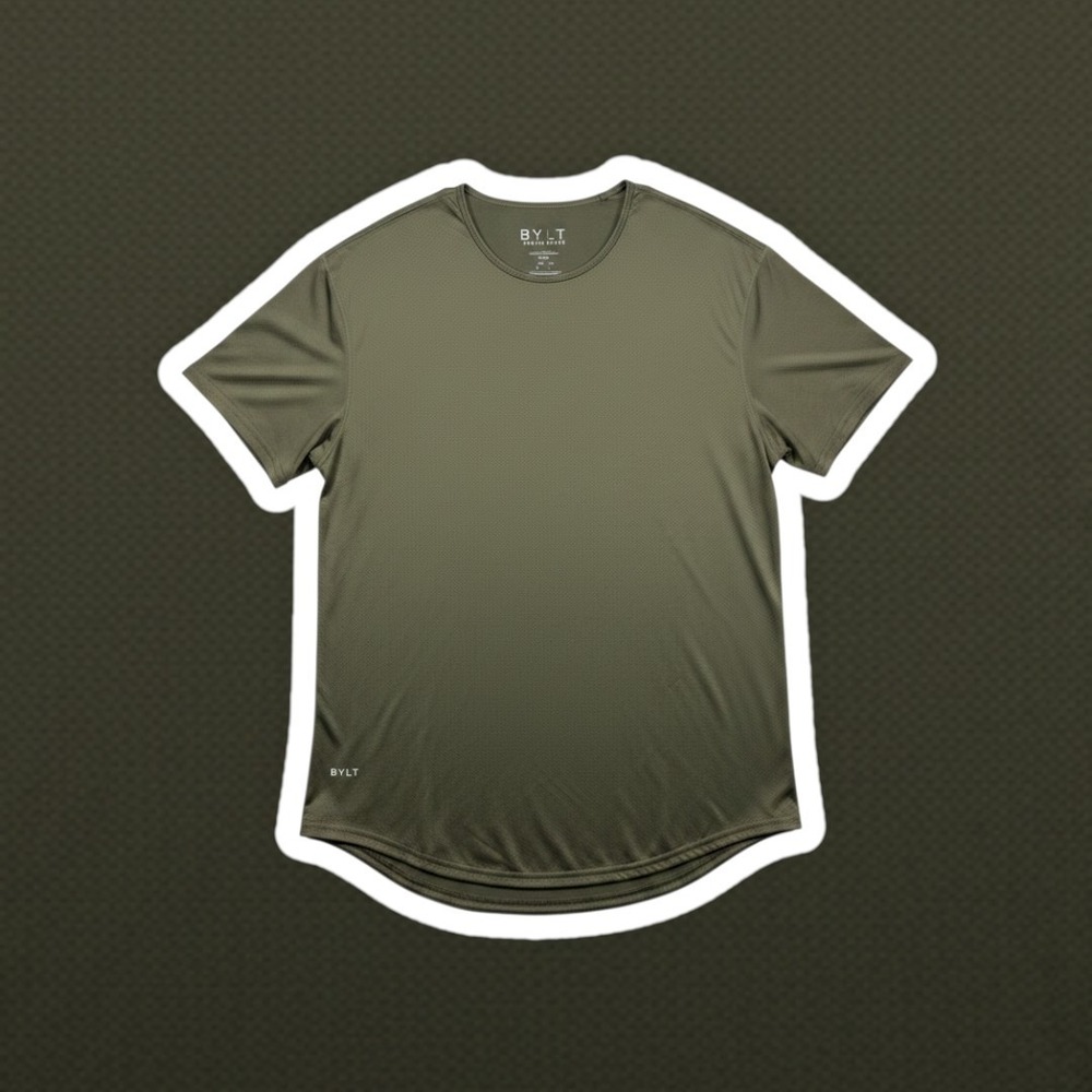 BYLT Basics Drop-Cut Performance Shirt Large Olive Green Mesh Short Sleeve Tee